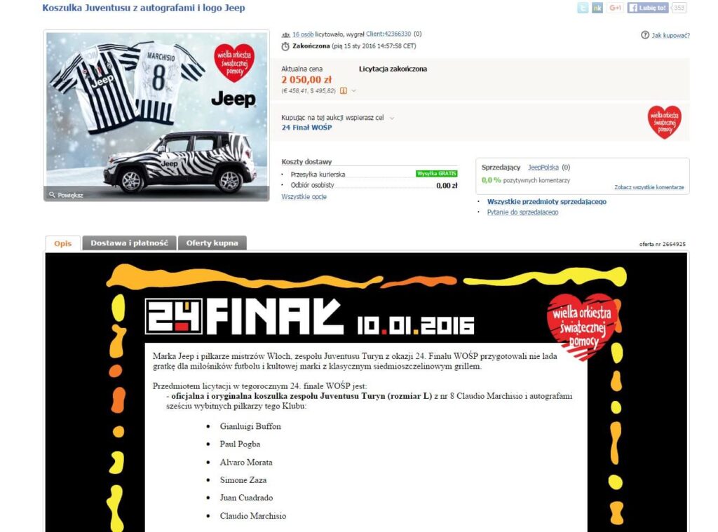 , Koszulka Juventusu na aukcji charytatywnej WOŚP